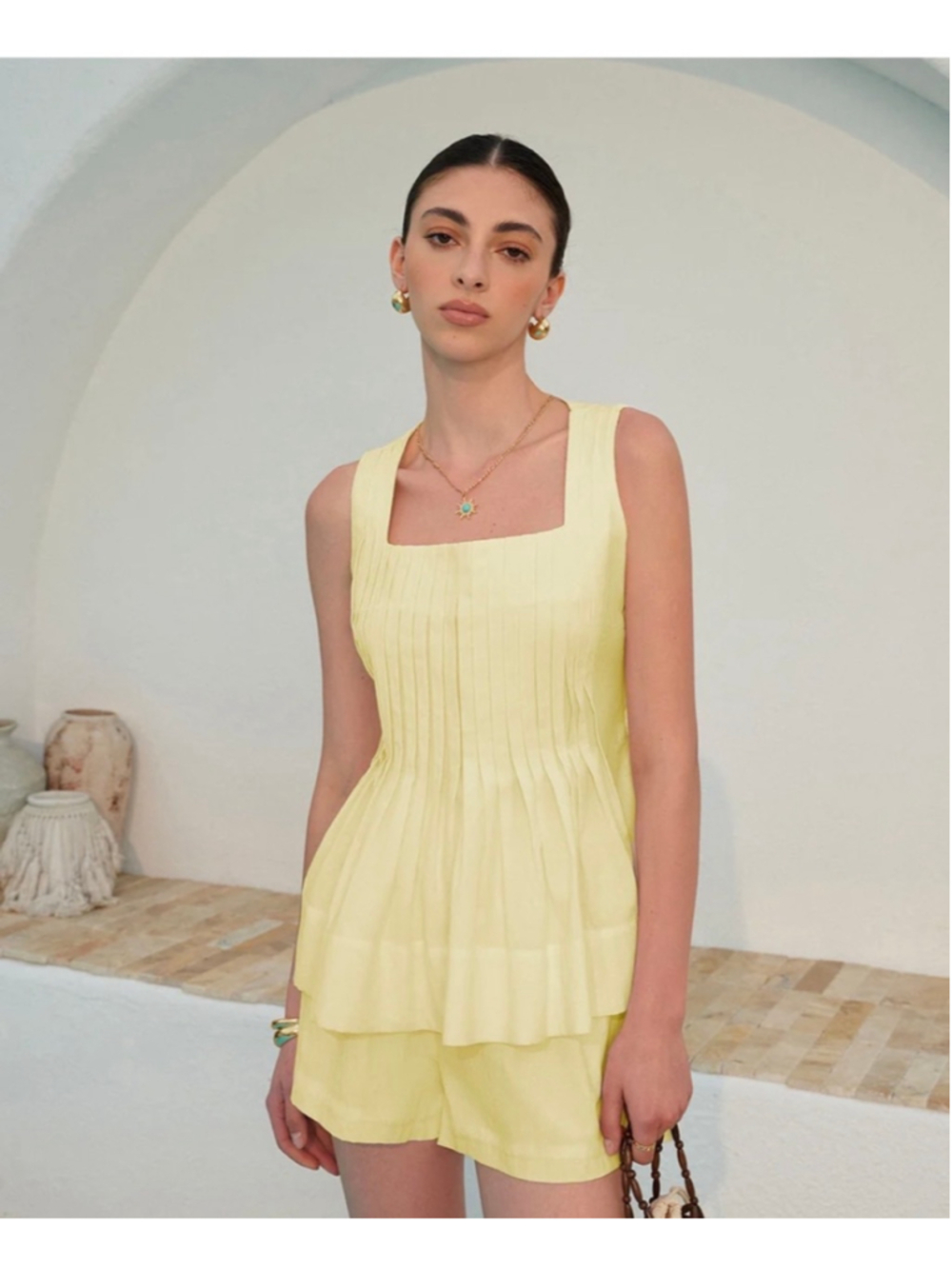 Commense Square Neck Pleated Cami Shorts Set Yellow M Cotton Resort Minimalist